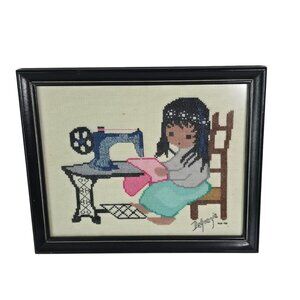 Sundance Tish Cassandra Needlepoint Canvas DeGrazia Girl Sewing Framed Completed